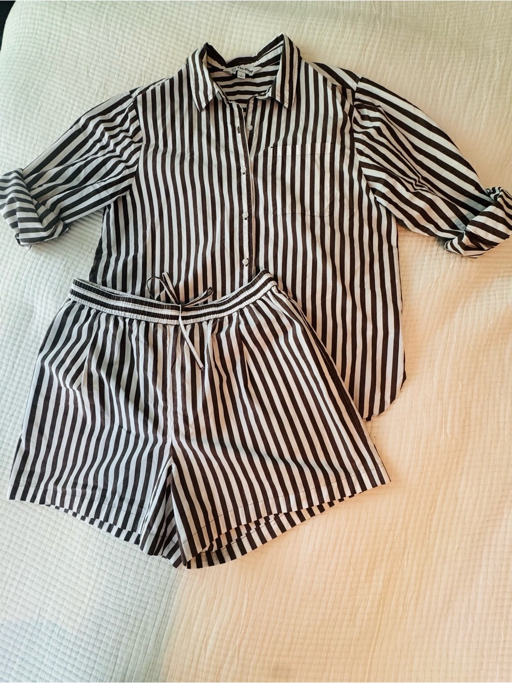 Bold stripe button down shirt and pull on shorts set